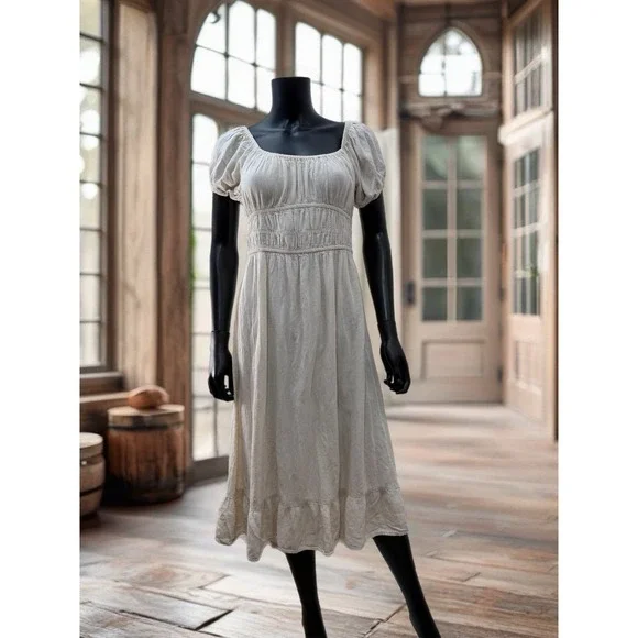Sim &‎ Sam Linen Blend Midi Dress XL Beige Puff Sleeve Cottagecore Boho - Picture 3 of 8